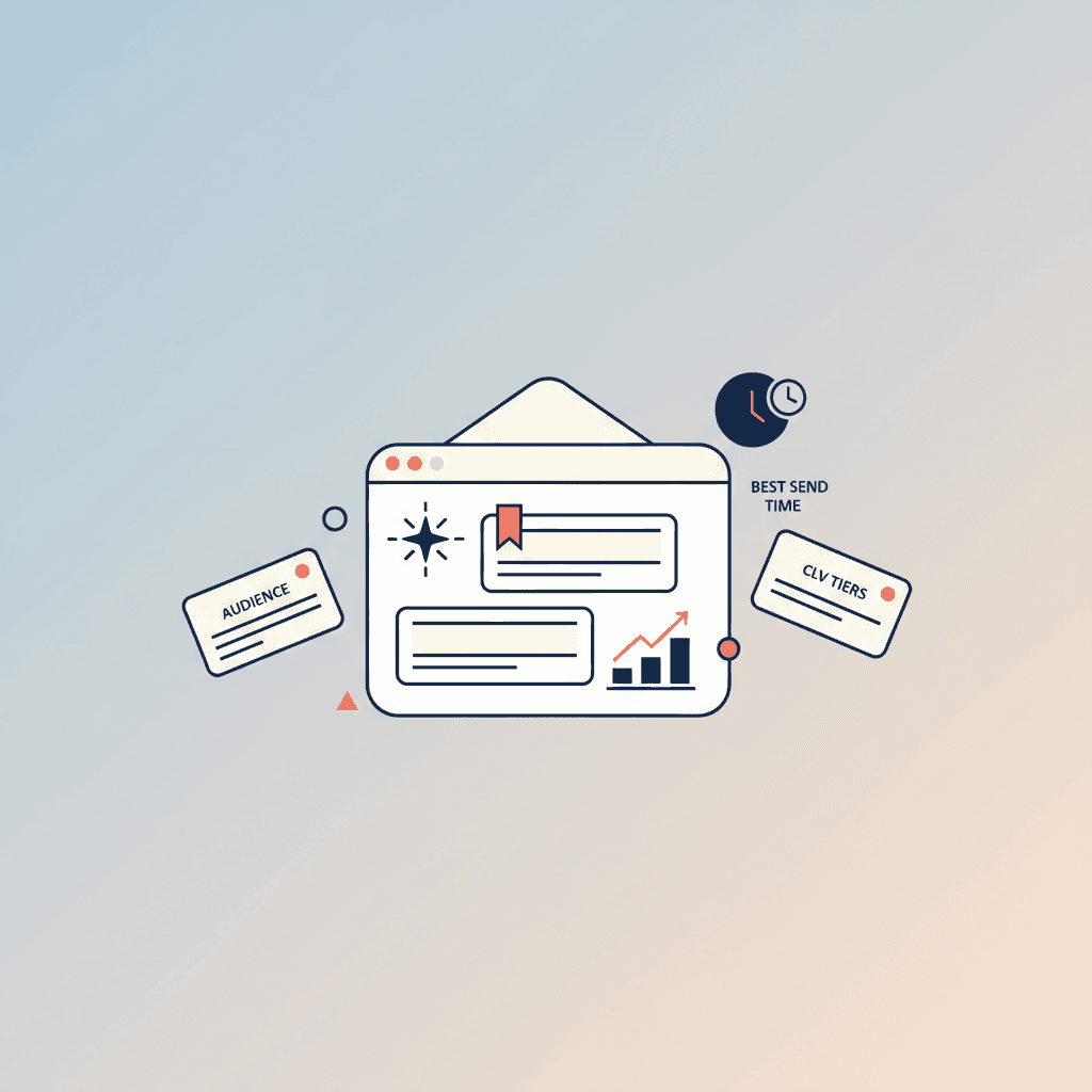 Flat-vector illustration of an email interface with AI-personalised product recommendations and an upward revenue chart