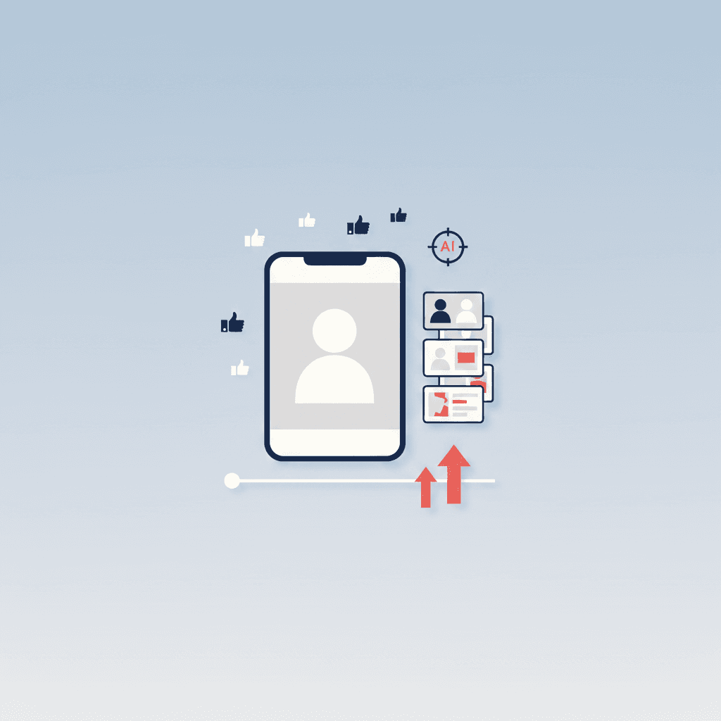 Flat-vector illustration of a Meta ads dashboard with creative cards, an upward-trending red arrow, and a cost-per-lead indicator